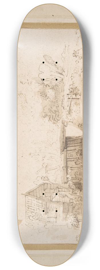 Nicolaes Maes - Landscape with a Draughtsman Seated by a River, a Bridge and a Cottage Behind 8.25 inch art skate deck