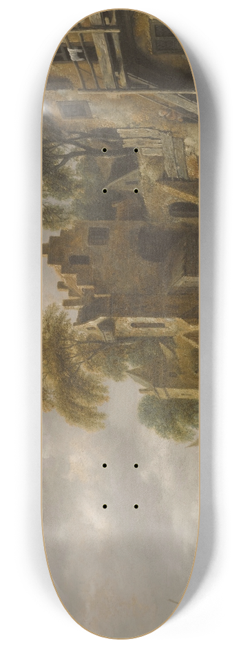 Nicolaes Molenaer - A River Landscape With Fishermen Loading Their Nets Beside A Town 8.25 inch art skate deck