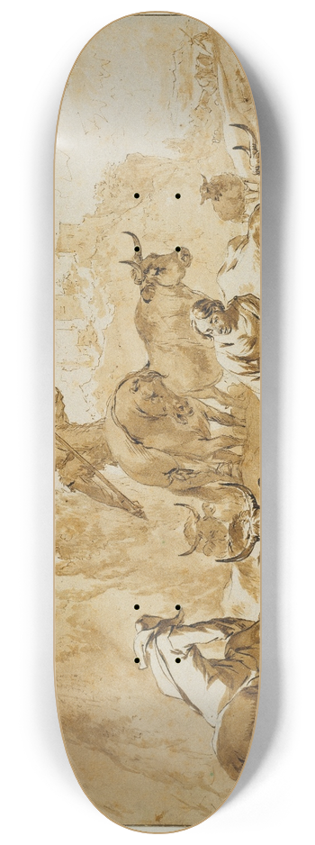 Nicolaes Pietersz. Berchem - Zwei Hirten zu Pferde treiben Vieh durchs Wasser, die Hirtin mit einem Sack wartet hindurch 8.25 inch art skate deck