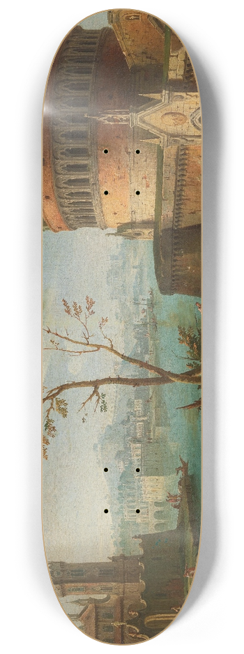 Antonio Joli - An Italianate capriccio river landscape 8.25 inch art skate deck