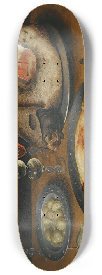 Osias Beert the Elder - A Still Life Of A Roast Chicken, A Ham And Olives On Pewter Plates With A Bread Roll, An Orange, Wineglasses And A Rose On A Wooden Table 8.25 inch art skate deck