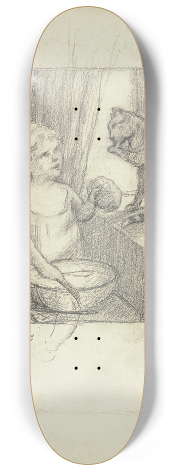 Otto Scholderer - Katzenwsche, dabei Studien eines Kinderkopfes im Profil nach links 8.25 inch art skate deck