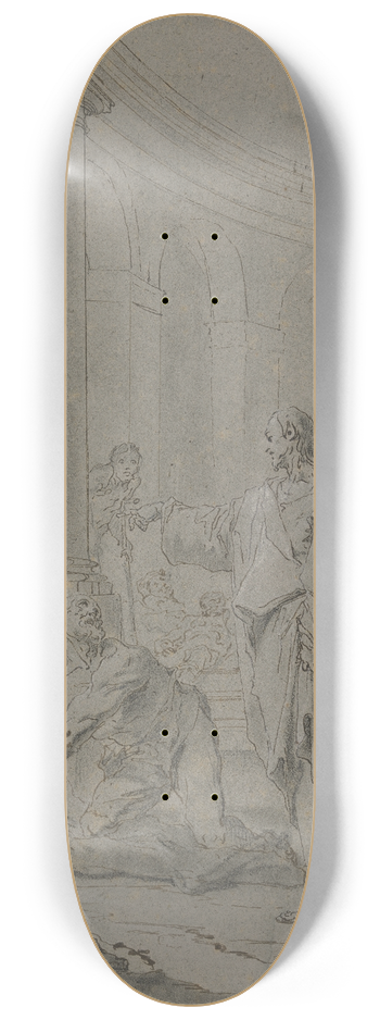 Paul Troger - Christus heilt den Lahmen; Christus mit den Jngern steht in einem Sulenhof, vor ihm erhebt sich der Lahme von seinem Lager 8.25 inch art skate deck