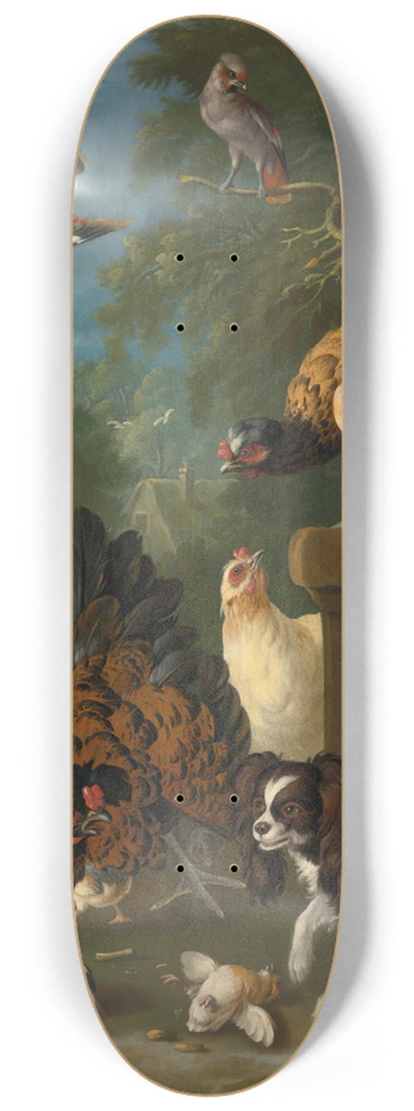 Pieter Casteels III - A Family Of Chickens Fending Off A Spaniel In A Landscape 8.25 inch art skate deck