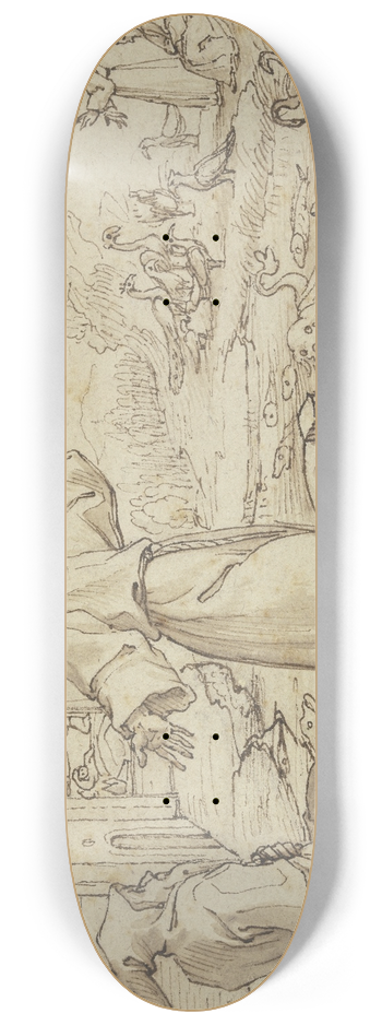 Pieter de Jode I - Der Heilige Franziskus predigt den Tieren, unterdessen trumt Papst Innozenz III. von der Rettung der Kirche durch den Heiligen 8.25 inch art skate deck