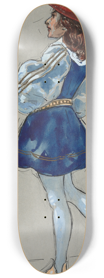 Plinio Codognato - A man stands facing away with hand upraised wearing a blue doublet, hose and a red hat 8.25 inch art skate deck