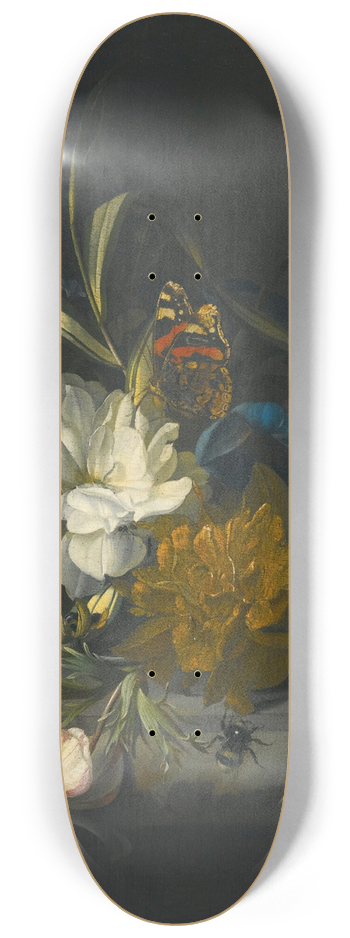 Rachel Ruysch - Still Life With Marigolds, Morning Glory, A Passion Flower And Other Assorted Flowers, Together With Insects On A Stone Ledge 8.25 inch art skate deck