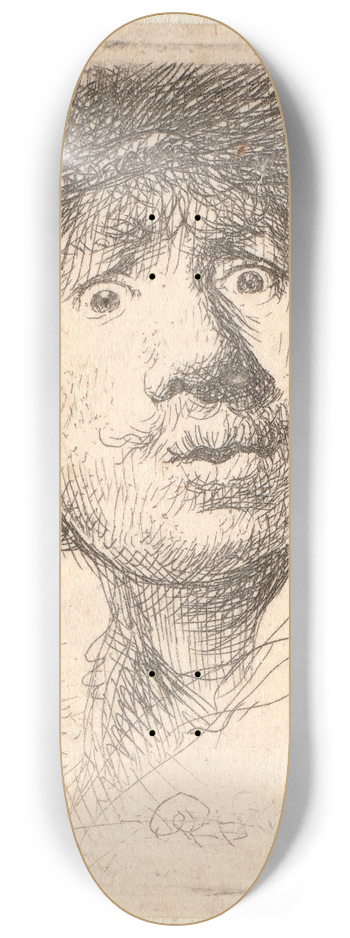 Rembrandt van Rijn - Rembrandt in a cap, open mouthed and staring; bust in outline 8.25 inch art skate deck