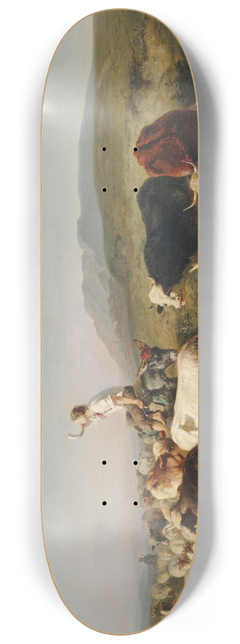 Adolf Schreyer - Vieh- und Schafherde mit eselreitendem Hirtenknaben in weiter Landschaft 8.25 inch art skate deck