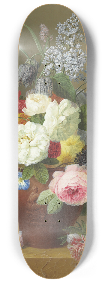 Arnoldus Bloemers - Roses, Poppies, Cornflowers, Convulvulus, Jasmine, Fritilleries, a Primula, a Peony, and Lilac in a terracotta Vase with a Sprig of Roses and other Flowers on a Stone Ledge 8.25 inch art skate deck