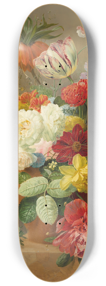Arnoldus Bloemers - Still life with roses, peonies, tulips, narcissi, convulvulus and others in a vase on a marble ledge 8.25 inch art skate deck