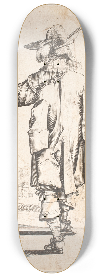 Salomon Savery - Gende, rygvendt, mand med fjerprydet har, gestikulerende med sin venstre hnd I baggrunden tv et muromkranset pal 8.25 inch art skate deck