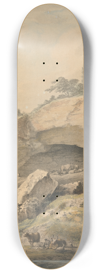Samuel Hieronymus Grimm - Rocky Landscape with Peasants and Cattle 8.25 inch art skate deck