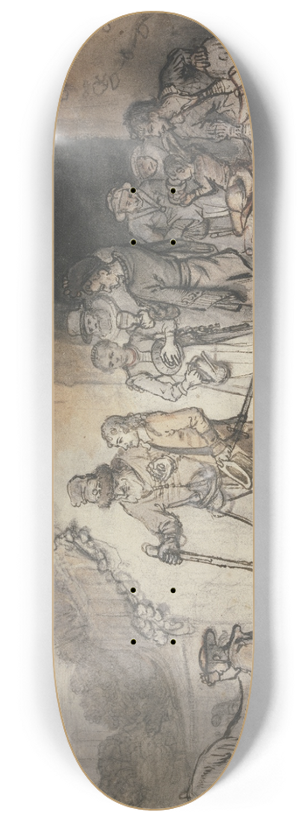 Samuel van Hoogstraten - Ein junger Mann, gestiefelt und gespornt, tritt begleitet von seinem alten Vater und seiner Familie aus einem Haus, im Hintergrund halten Diener sein Pferd 8.25 inch art skate deck