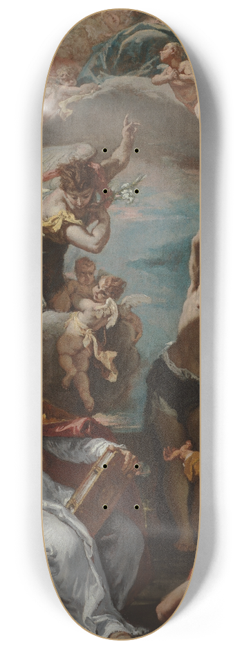 Sebastiano Ricci - Glory of the Virgin with the Archangel Gabriel and Saints Eusebius, Roch, and Sebastian 8.25 inch art skate deck