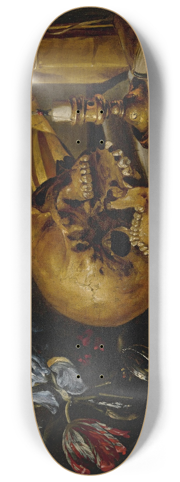 Simon Renard de Saint-Andr - A still lifewith a skull, a music book, a snuffed-out candle, a bouquet of dying flowers and othervanitas objects on a table 8.25 inch art skate deck