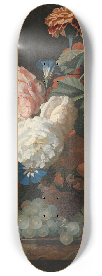 Simon Verelst - Roses, columbine, and poppies in a glass vase on a marble ledge with some grapes 8.25 inch art skate deck