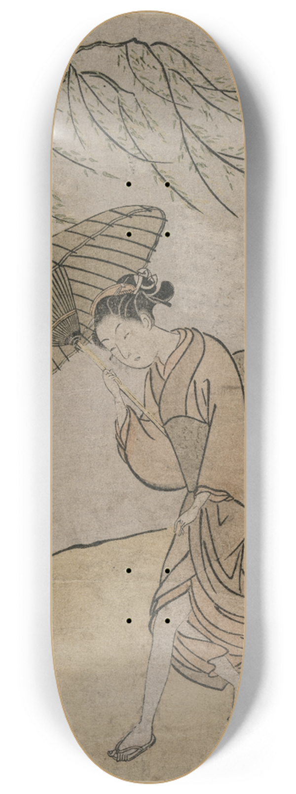 Suzuki Harunobu - Woman Running Past a Willow Tree in a Breeze 8.25 inch art skate deck