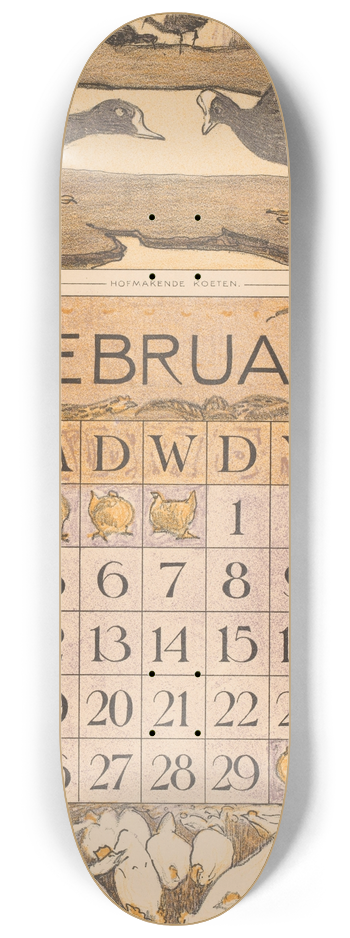 Theo van Hoytema - Kalenderblad februari met meerkoeten 8.25 inch art skate deck