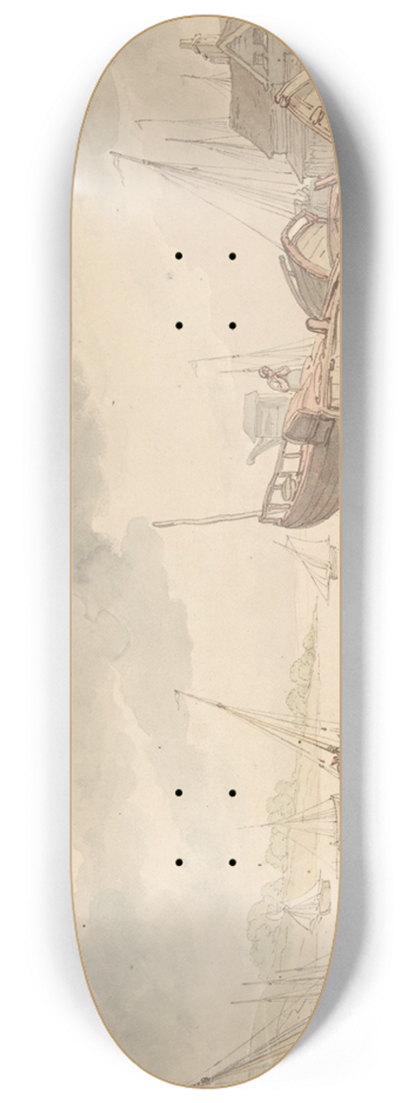 Thomas Rowlandson - Harbor scene with the tide out, and beached boats 8.25 inch art skate deck