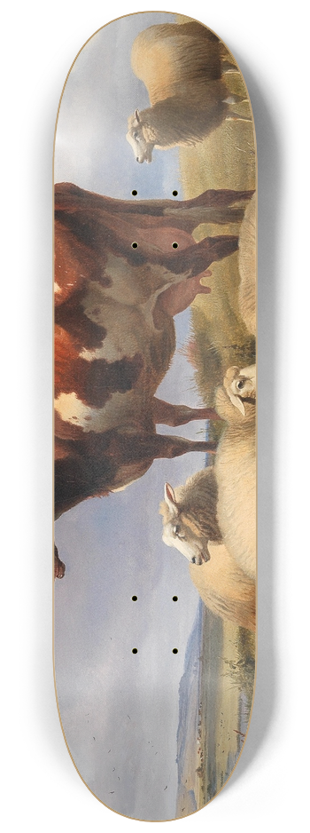 Thomas Sidney Cooper - Cattle and sheep in a meadow in a vast landscape 8.25 inch art skate deck