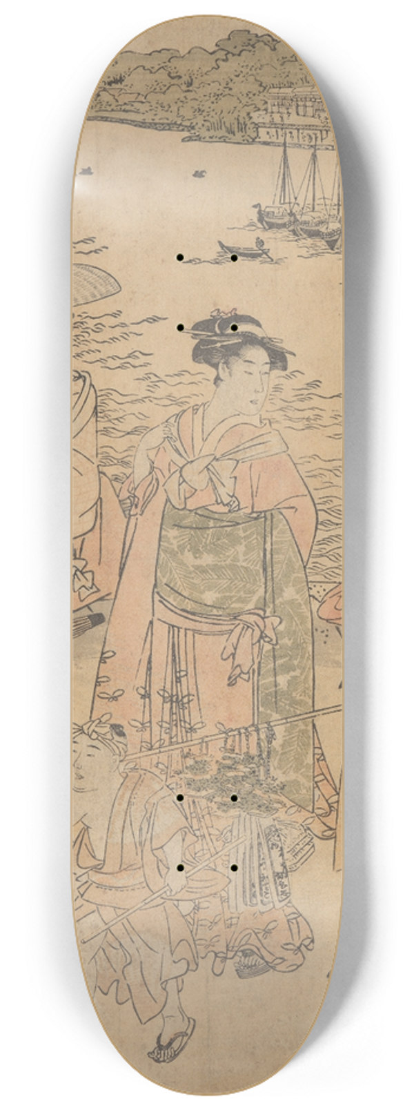 Toyokuni Utagawa - Three Women and Two Children by the Water (ships in background) 8.25 inch art skate deck