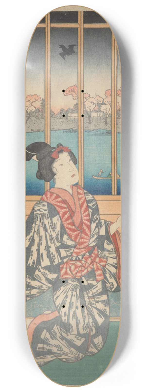 Toyokuni Utagawa - Woman Holding Bowl and Tray before Window (cherry trees blooming outside) 8.25 inch art skate deck