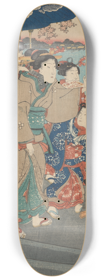 Utagawa Kuniyoshi - Seven Female Figures, Two Umbrellas (river in background) 8.25 inch art skate deck