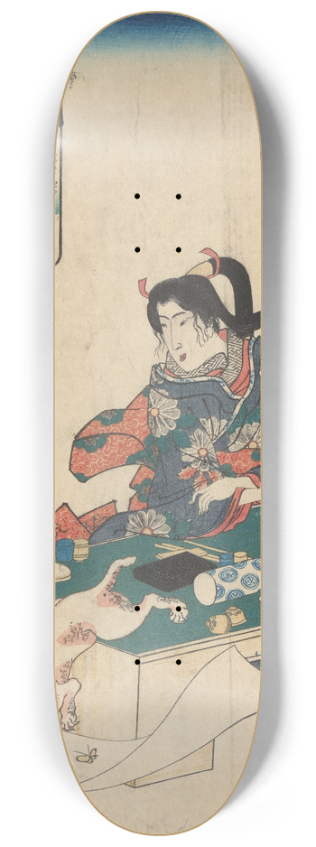 Utagawa Kuniyoshi - Woman at Table, White Cat Pouncing on Butterfly 8.25 inch art skate deck
