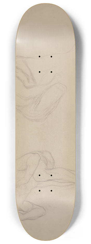 Victor Mller - A male nude in a bent position with his left leg raised, carrying an object on his shoulder, next to him a crouching male nude to the right 8.25 inch art skate deck