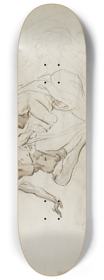 Victor Mller - Auf dem Boden sitzender, bellauniger mnnlicher Akt, von einer neben ihm knienden weiblichen Gestalt umsorgt , sowie weitere figrliche Skizzen 8.25 inch art skate deck