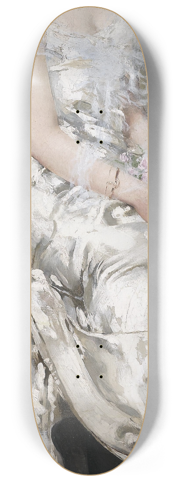 Vittorio Matteo Corcos - Ritratto di giovane donna in abito binaco con fiori 8.25 inch art skate deck
