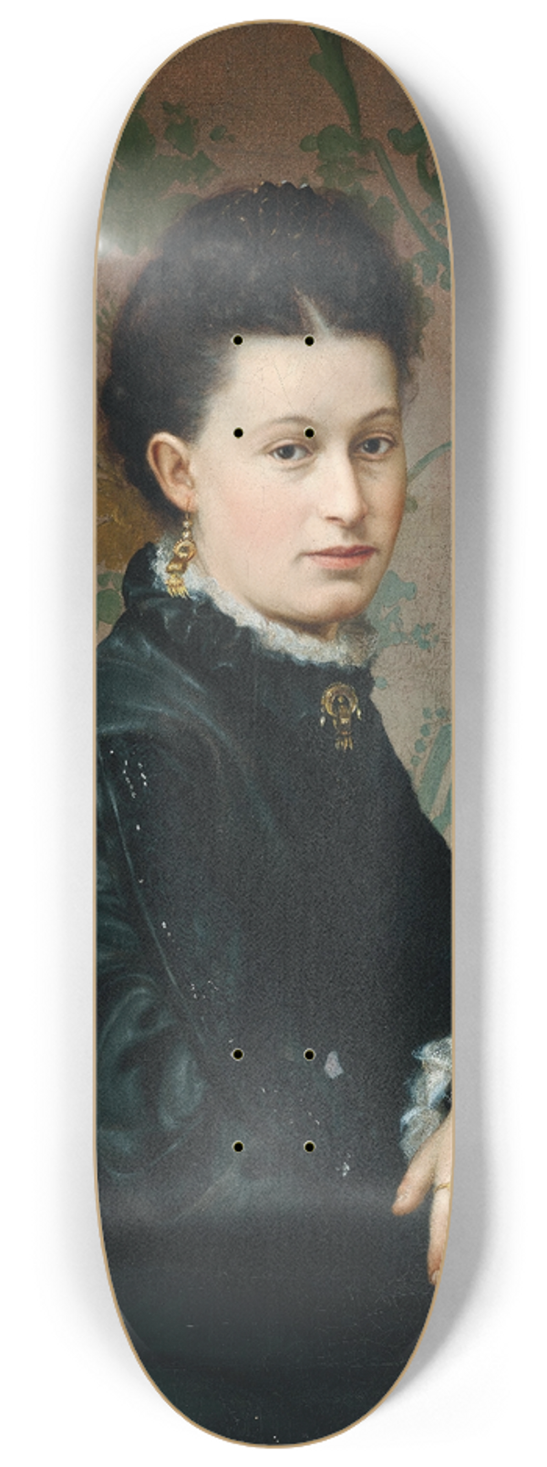 Vlaho Bukovac - Portrait of a Lady in a Black Dress with Gold Ear Pendants before a Floral Wallpaper 8.25 inch art skate deck