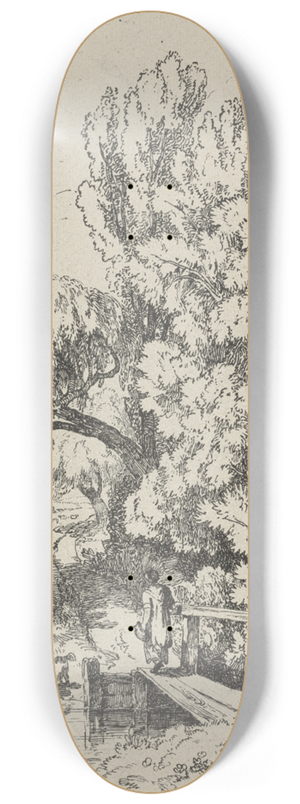 William Havell - Landscape with Trees, Girl Crossing a Footbridge 8.25 inch art skate deck
