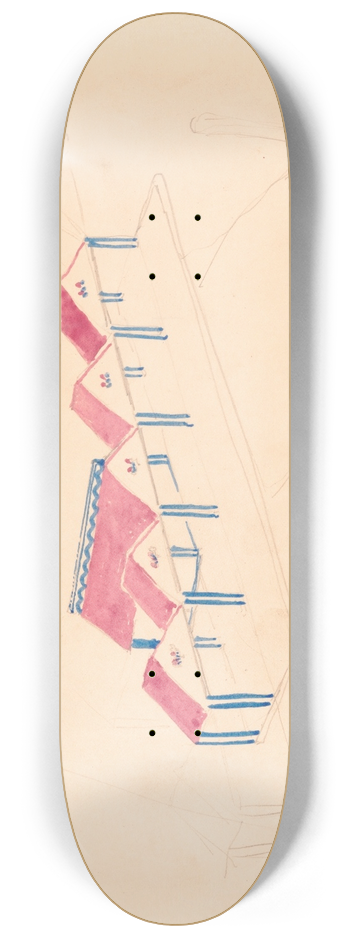 Winold Reiss - Designs for roadhouse or terrace restaurant. Perspective elevation showing terrace 8.25 inch art skate deck