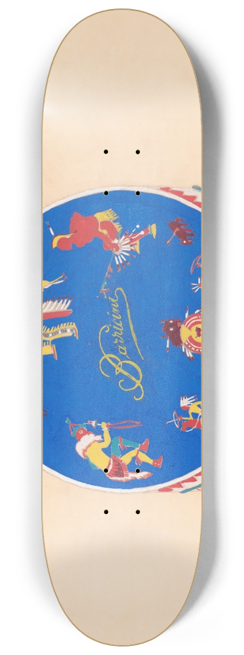 Winold Reiss - Graphic design drawings for Barricini Candy packages.] [3-D Study, circular candy box with Indian motif on blue background 8.25 inch art skate deck