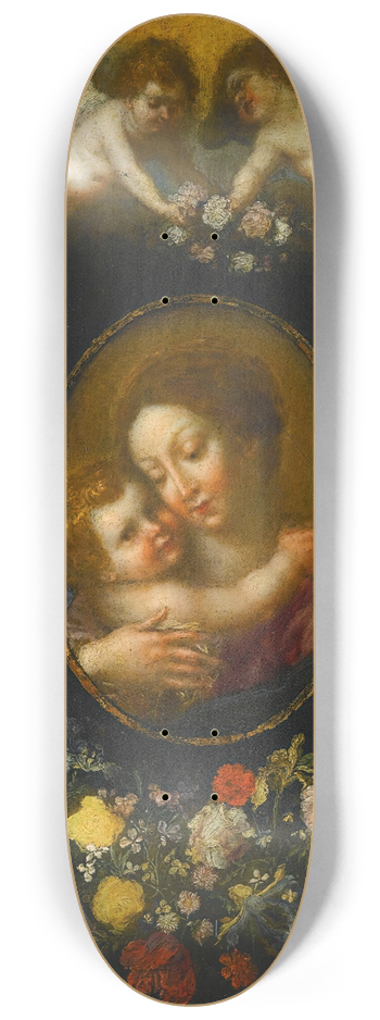 Workshop Of Jan Brueghel The Younger - A Garland Of Flowers Encircling An Oval Of The Virgin And Child Born Aloft By Angels 8.25 inch art skate deck