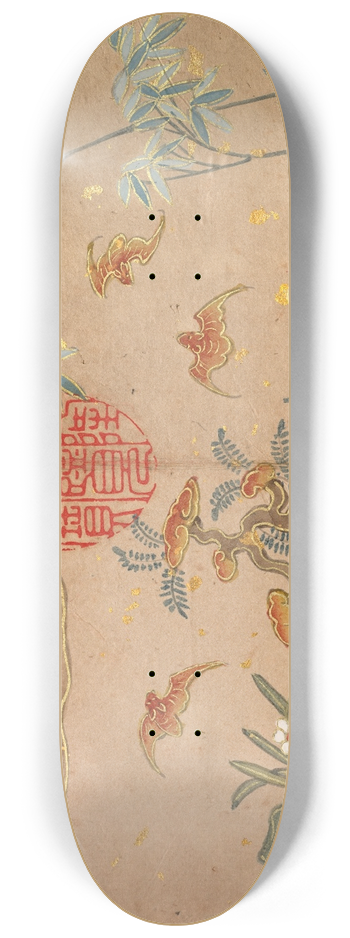 Zhang Ruoai - Bats, rocks, flowers oval calligraphy 8.25 inch art skate deck