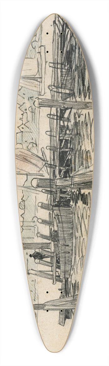 Adolf le Comte - Dorp aan rivier met aanlegsteiger 39.3 inch art pintail longboard deck