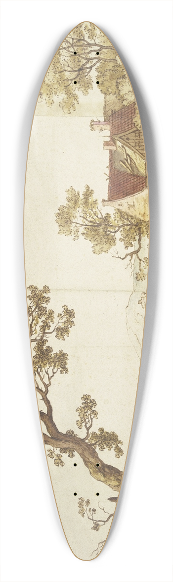 Aernout Ter Himpel - Bauernhof bei einer steinernen Brcke, ber welche ein Reiter in rotem Mantel begleitet von einem Hund reiten will 39.3 inch art pintail longboard deck