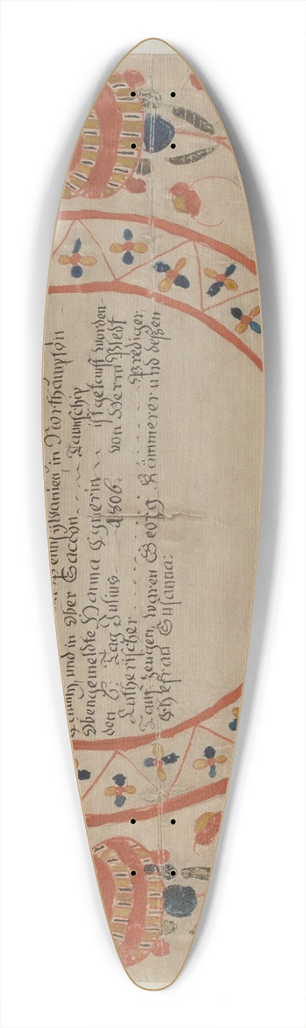 Albert Levone - Pa. German Fraktur 39.3 inch art pintail longboard deck