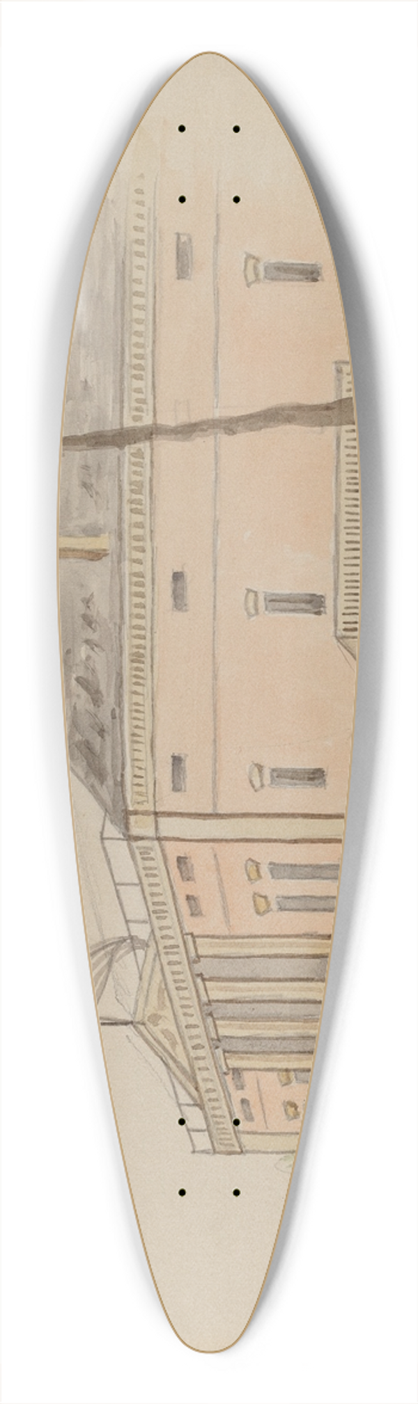 American 20th Century - House with Flag 39.3 inch art pintail longboard deck