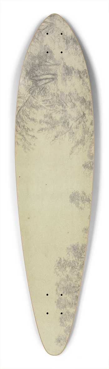 Antonie Waterloo - Ein Teich mit Bumen eingefasst, rechts bei einer Brcke auf einer Ruhebank sitzt ein Mann mit einem Hund 39.3 inch art pintail longboard deck