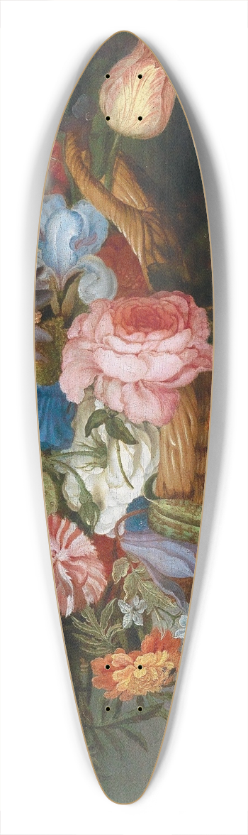 Balthasar van der Ast - Roses, tulips, irises and other flowers in a wicker basket, with fruit and insects on a ledge 39.3 inch art pintail longboard deck