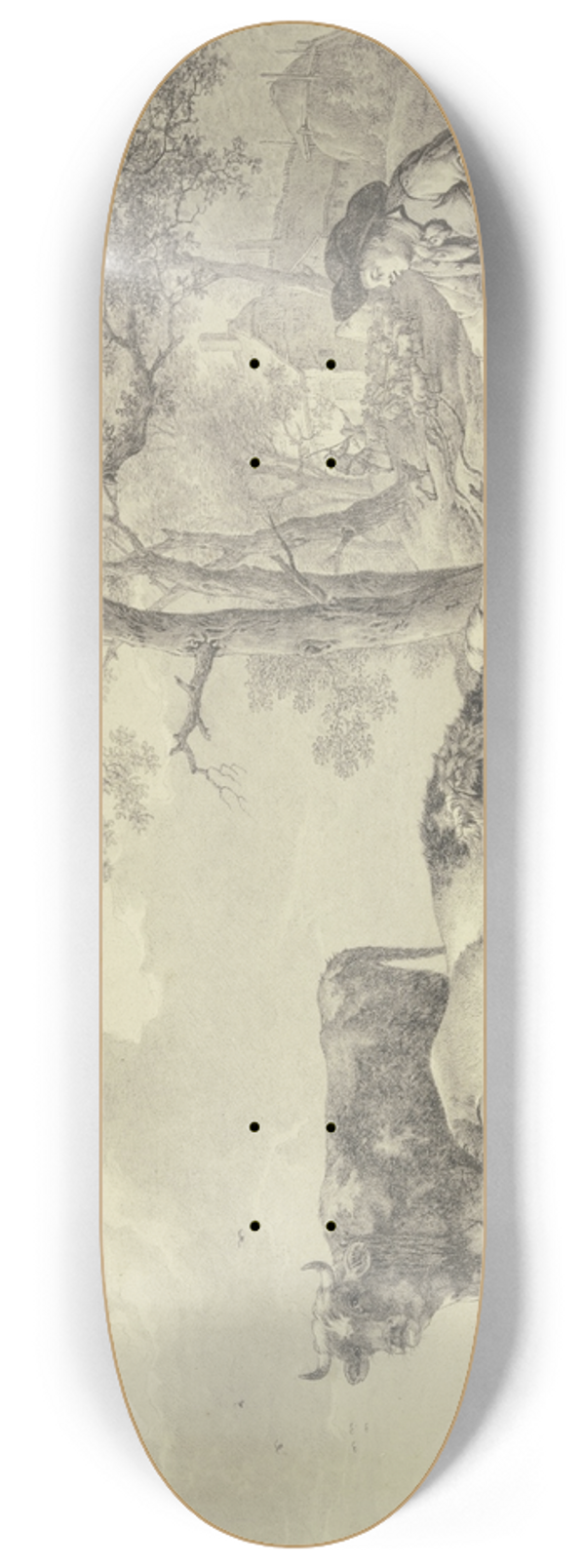 Bernhard Hendrik Thier - Ein im Wasser stehender Ochse wird von zwei Hunden, die ein Junge an der Leine hat, angebellt 8.25 inch art skate deck