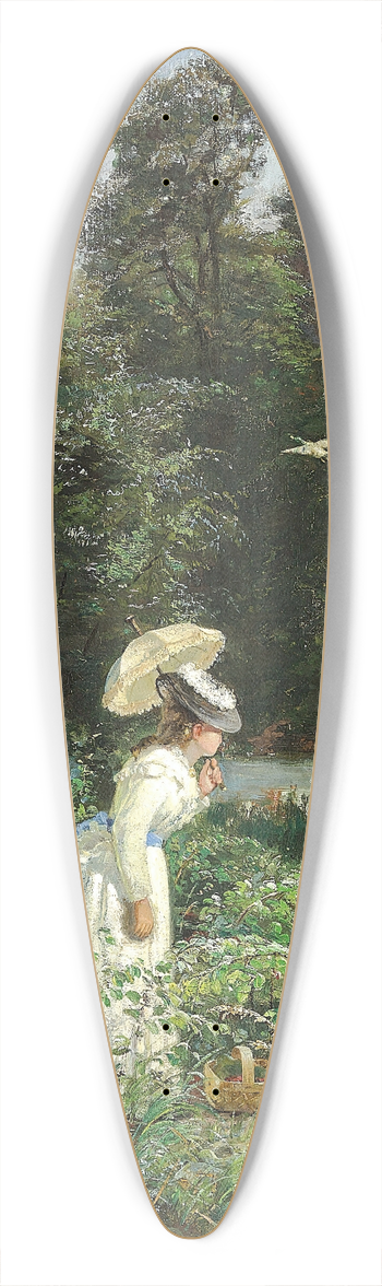 Carl Schlichting-Carlsen - Ung dame i hvid kjole plukker hindbr i Ordrup Krat 39.3 inch art pintail longboard deck