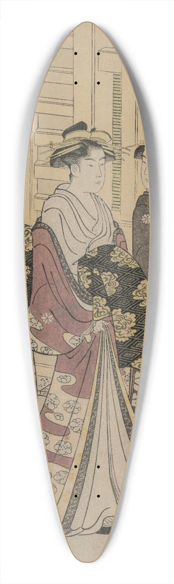 Chbunsai Eishi - The Courtesan Kisagata of Ohishiya Strolling at Night with Two Shinzo and a Kamuro 39.3 inch art pintail longboard deck