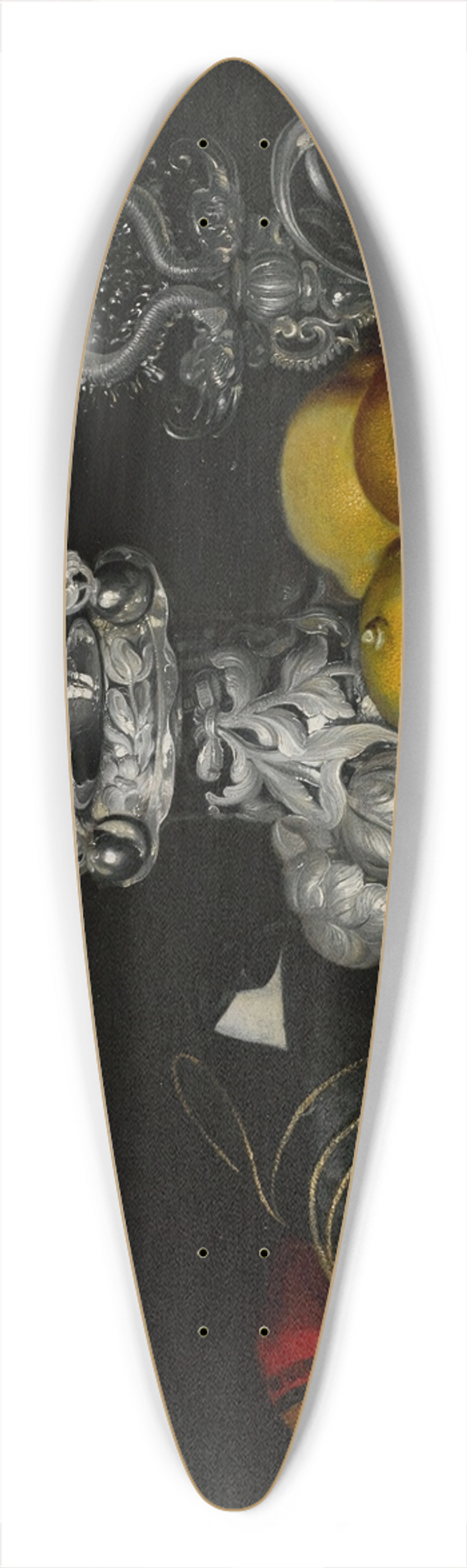 Circle of Georg Hinz - Still life with a faon-de-Venise serpent-stemmed wine glass, a silver vessel, a block of sugar and lemons on a pewter plate, all on a draped table 39.3 inch art pintail longboard deck Circle of Georg Hinz - Still life with a faon-de-Venise serpent-stemmed wine glass, a silver vessel, a block of sugar and lemons on a pewter plate, all on a draped table 39.3 inch art pintail longboard deck