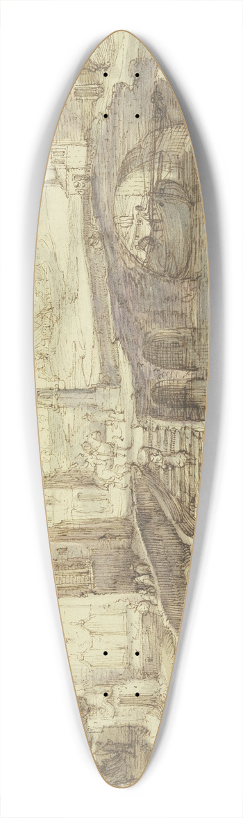 Cornelis Claesz. van Wieringen - Stadtansicht mit einer Brcke, unter welcher ein Schiff durchfhrt, dabei eine Treppe, die eine Frau mit einem Korbe hinaufsteigt 39.3 inch art pintail longboard deck