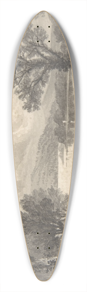 David Octavius Hill - View of a lake or river with a sailboat 39.3 inch art pintail longboard deck
